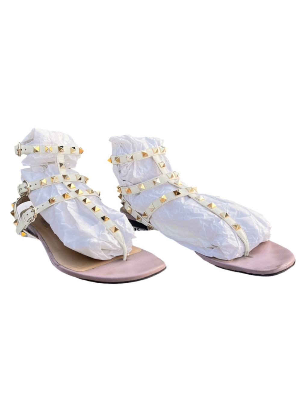 Valentino Garavani Rockstud T-Strap Sandals Size 38 US 8 Pink Flat Cage Leather